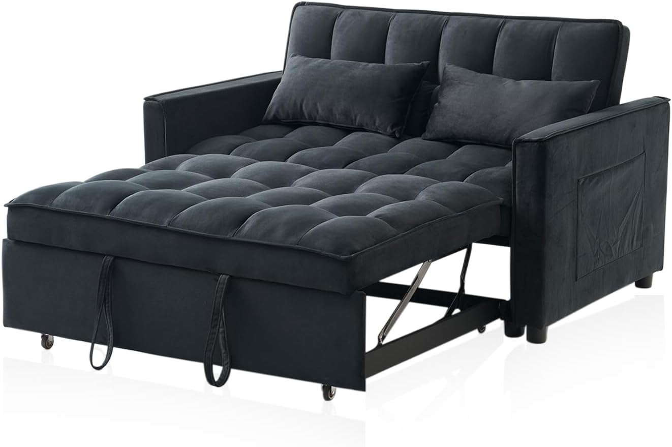 Futon Sofa Bed,Modern 3 in 1 Convertible Sleeper Sofa, Pull Out Couch Bed with Adjustable Backrest, Storage Pockets and Toss Pillows for Living Room, Bedroom (Black)
