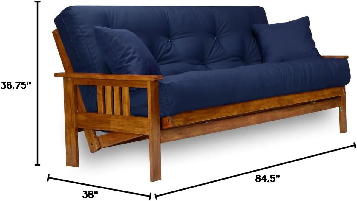 Nirvana Futons Stanford Futon Set - Queen Size Futon Frame with Mattress Included (8 Inch Thick Mattress, Twill Navy Blue Color), Heavy Duty Wood, Popular Sofa Bed Choice