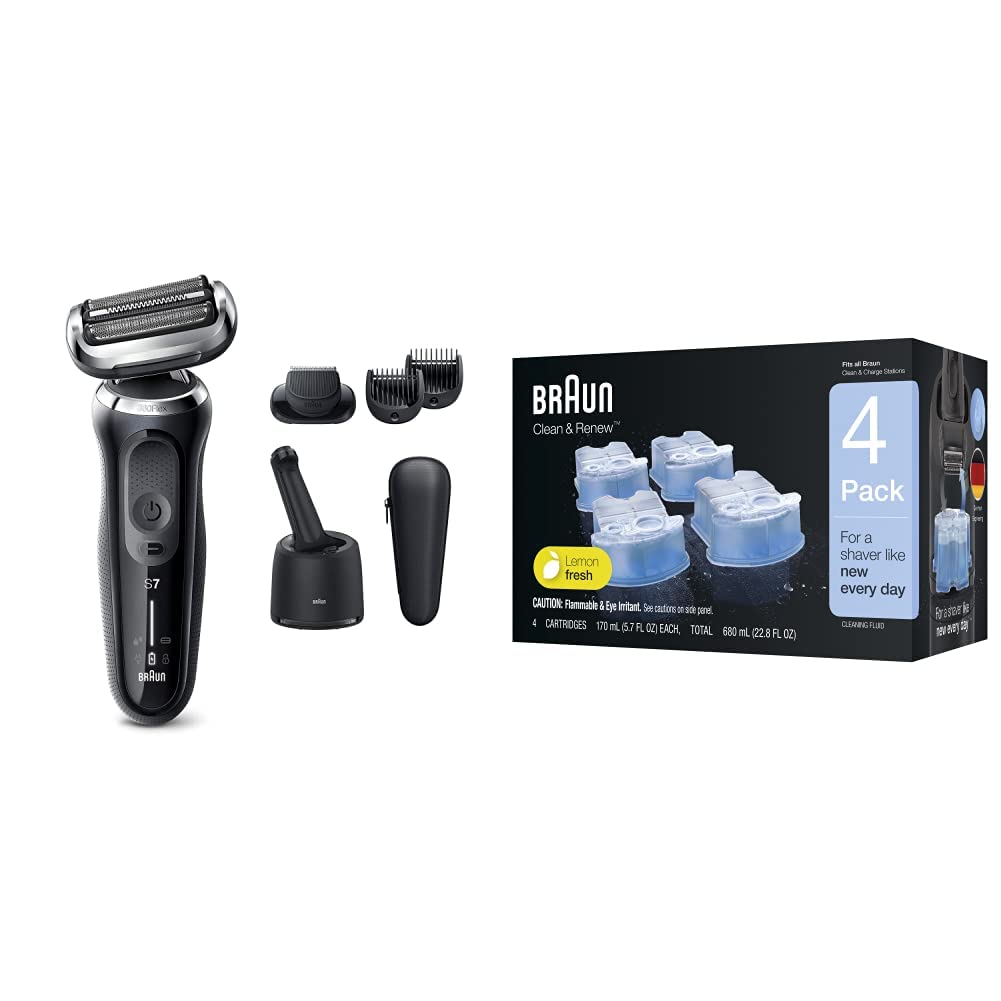 Braun Electric Razor for Men, Waterproof Foil Shaver, Series 7 7075cc, Wet & Dry Shave, with Beard Trimmer, Rechargeable with Clean & Renew Refill Cartridges, 6 Count, Pack of 1
