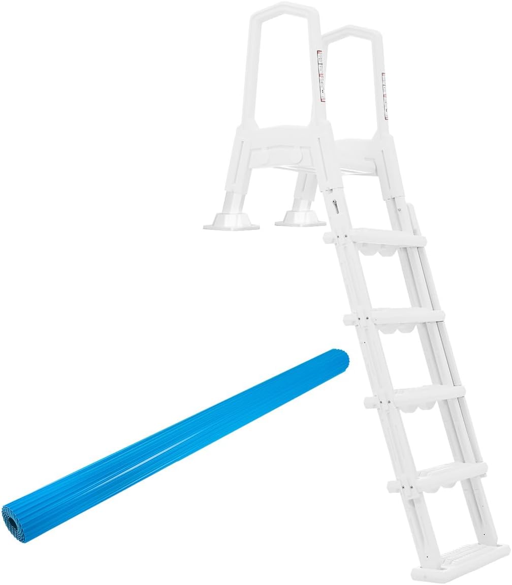 XtremepowerUS Above Ground Pool Ladder with Protective Mat – Inclined Entry Step System + 36 x 36 Inch Pad for Liner Protection (1 Ladder + 1 Mat)