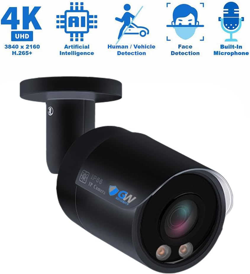 GW Security Smart AI 8 Channel 12MP NVR Ultra-HD 4K PoE Security Camera System with 4 x 8MP 2160P Face Recognition/Human/Vehicle Detection Outdoor Indoor Surveillance IP Camera, Built-in Microphne