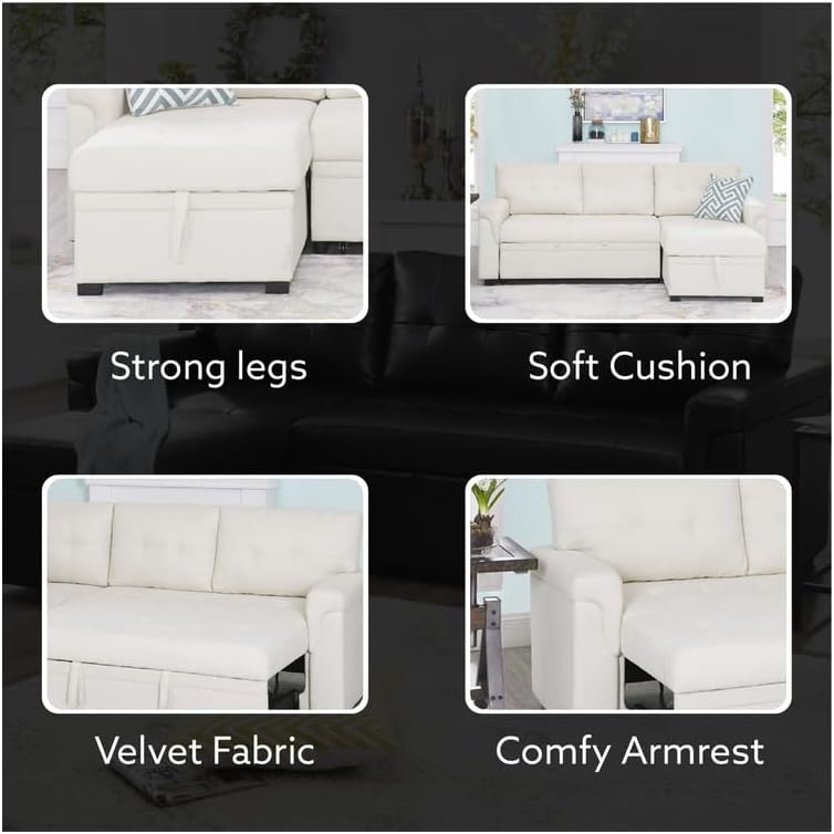 Naomi Home L Shaped Sectional Couch with Storage & Pull Out Bed – 3-in-1 Convertible Sleeper Sofa Bed, Small L Shape Sofa for Living Room, Sofa Bed with Storage Chaise in Cream, Velvet