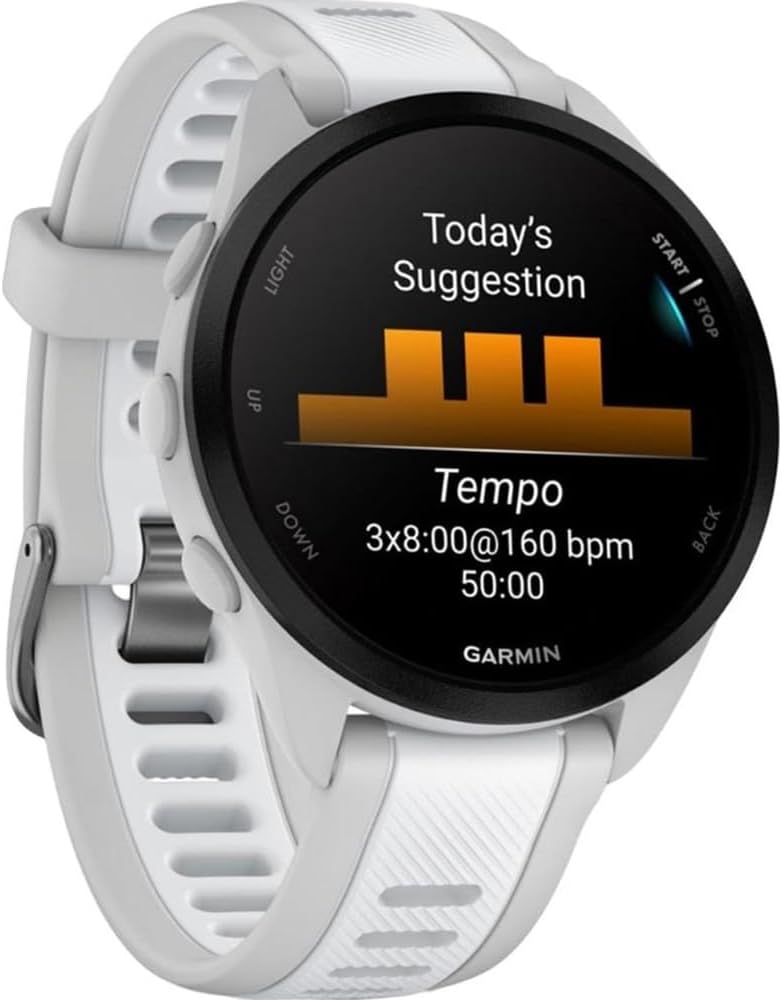 Garmin 010-02863-21 Forerunner 165 Smart Sport Watch, Mist Gray + Whitestone Bundle with Deco Essentials Charging Dock, 3X Silicone Dust Cover and USB Type C Charging and Sync Cable