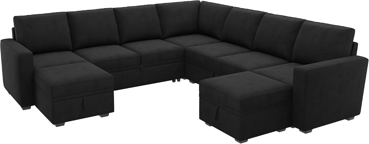 HONBAY Modular Sectional Sleeper Sofa with Pull Out Couch, Oversized U Shaped Sleeper Pull Out Bed with Storage Sectional Couches for Living Room - Black