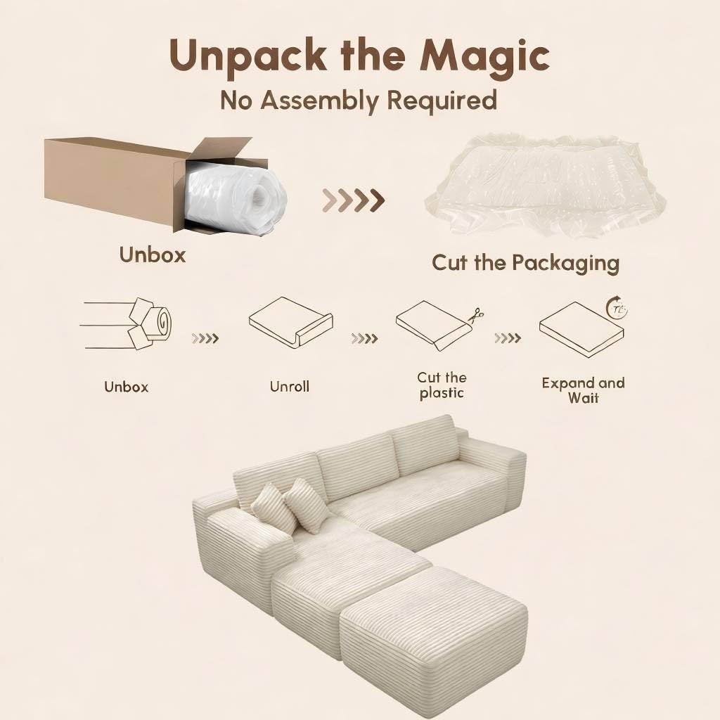 Modern Modular Sectional Sofa, Luxury Cloud Couch, Corduroy Fabric L Shaped Deep Seat Sofa in a Box, Oversized Memory Foam Boneless Couch, Plush Fuzzy Double-Layer Cushion No Assembly