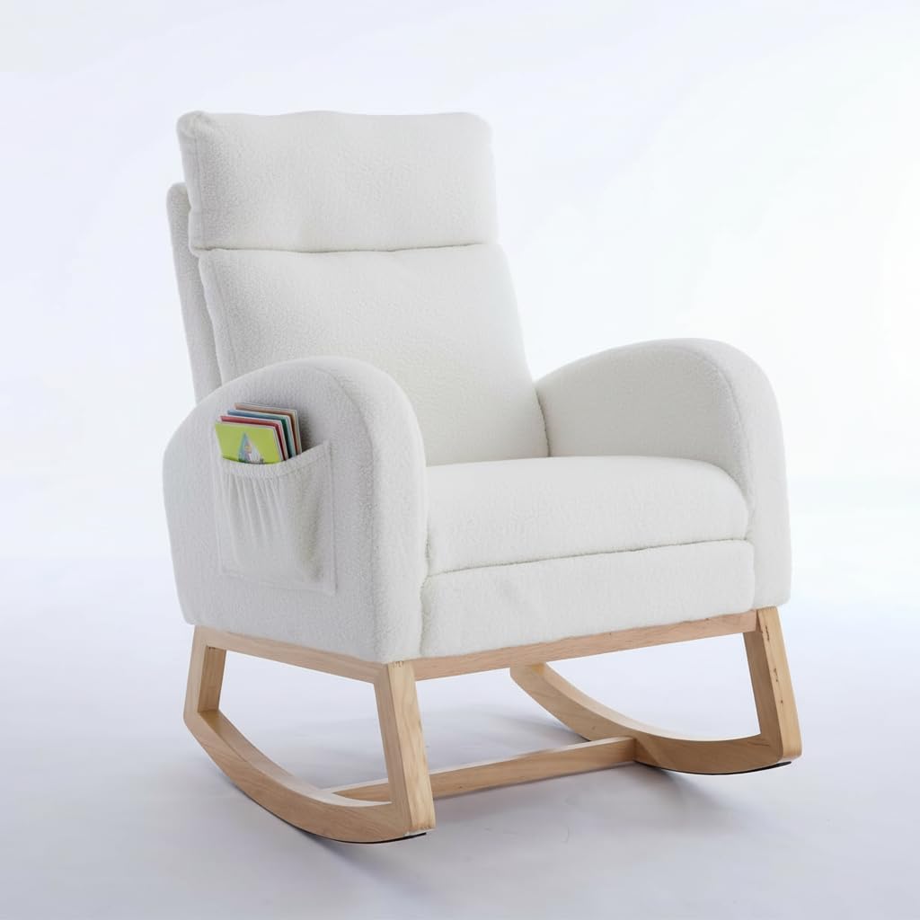 Modern Teddy Fabric Rocking Chair with Footstool, Nursery Rocker with Storage Pocket, High Back Wooden Base, 35-49 inch Length (Ivory, B)