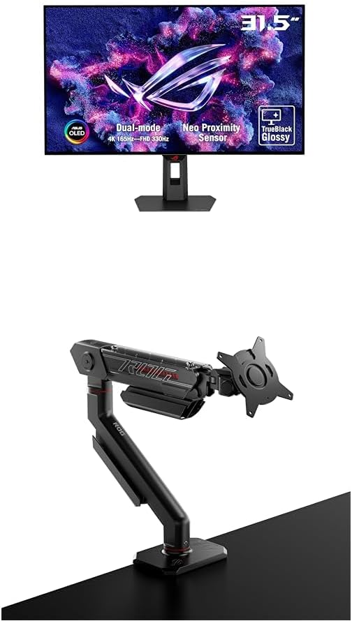 Bundle of ASUS ROG Strix 32' 4K OLED Gaming Monitor XG32UCWG TrueBlack Glossy OLED, Dual Mode (4K@165Hz, FHD@330Hz), 0.03ms + ASUS ROG Ergo Monitor Arm (AAS01) - Monitor Mount with Cable Management