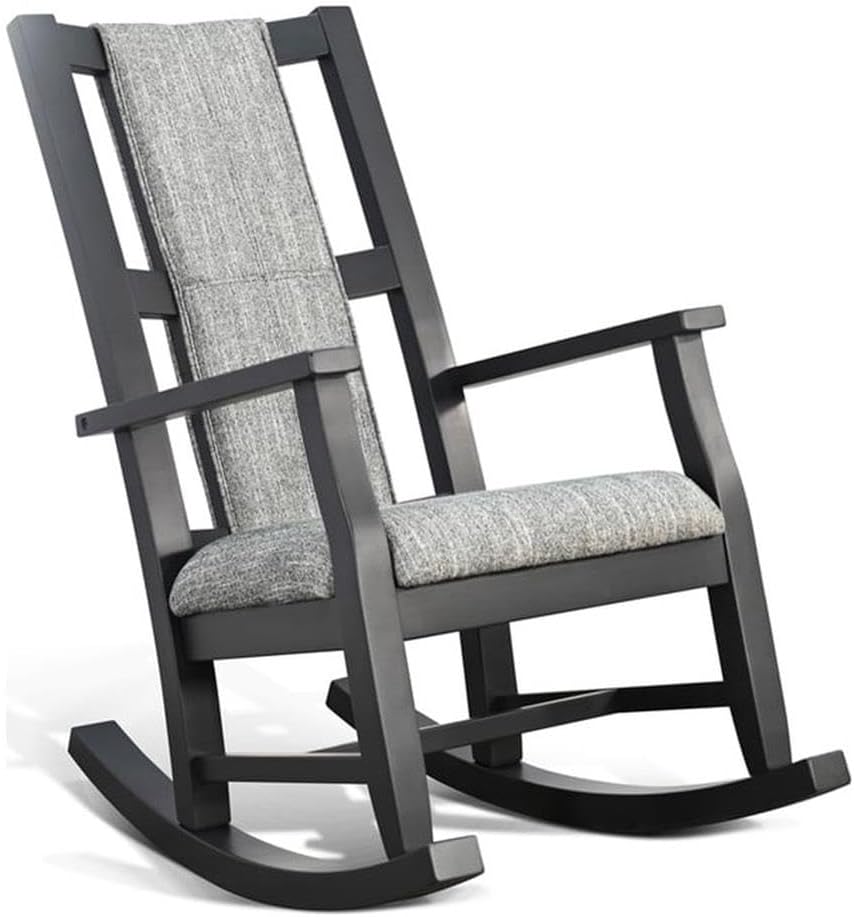 Pemberly Row Wood Farmhouse Rocker, Black Finish, Gray Upholstered Cushions, Ladder Back Design, Sturdy Durable Frame, Comfortable Modern Rocking Chair for Living Room or Nursery Lounge Use