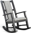 Pemberly Row Wood Farmhouse Rocker, Black Finish, Gray Upholstered Cushions, Ladder Back Design, Sturdy Durable Frame, Comfortable Modern Rocking Chair for Living Room or Nursery Lounge Use