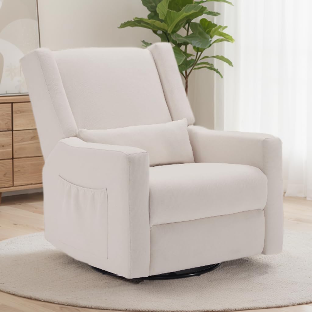 Tbfit Nursery Rocking Chair, 360° Swivel Recliner Chair with Lumbar Support for Bedroom, Comfy Upholstered Armchair with Pillows & Footrest for Living Room & Baby Room