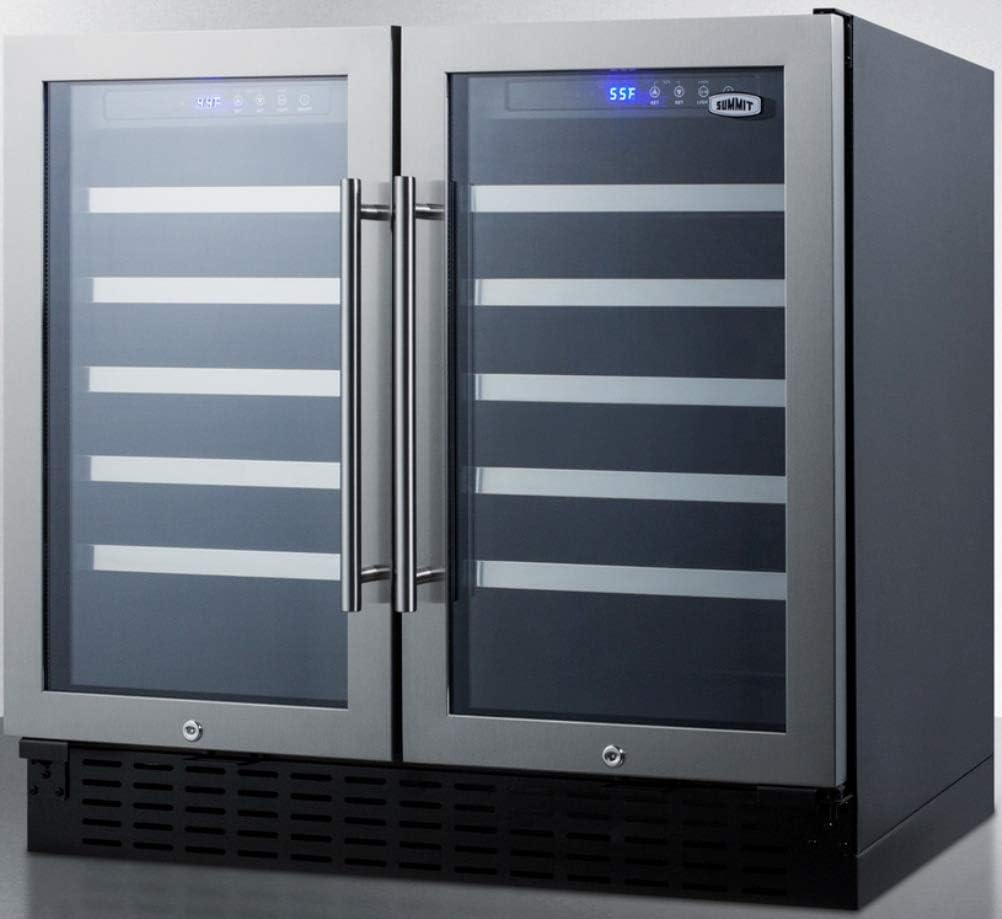Summit SWC3668 36' Undercounter Dual Zone Wine Cooler with 68 Bottle Capacity LED Lighting Digital Thermostat Factory Installed Locks in Stainless