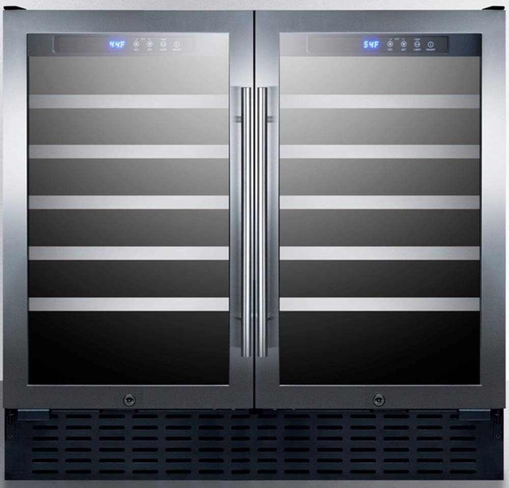 Summit SWC3668 36' Undercounter Dual Zone Wine Cooler with 68 Bottle Capacity LED Lighting Digital Thermostat Factory Installed Locks in Stainless