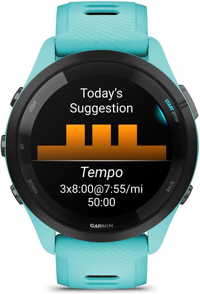 Garmin 010-02810-02 Forerunner 265 GPS Smartwatch Aqua/Black Bundle with Deco Essentials Silicone Dust Cover 3 Pack, Round Tempered Glass Screen Protector and 2 YR CPS Enhanced Protection Pack