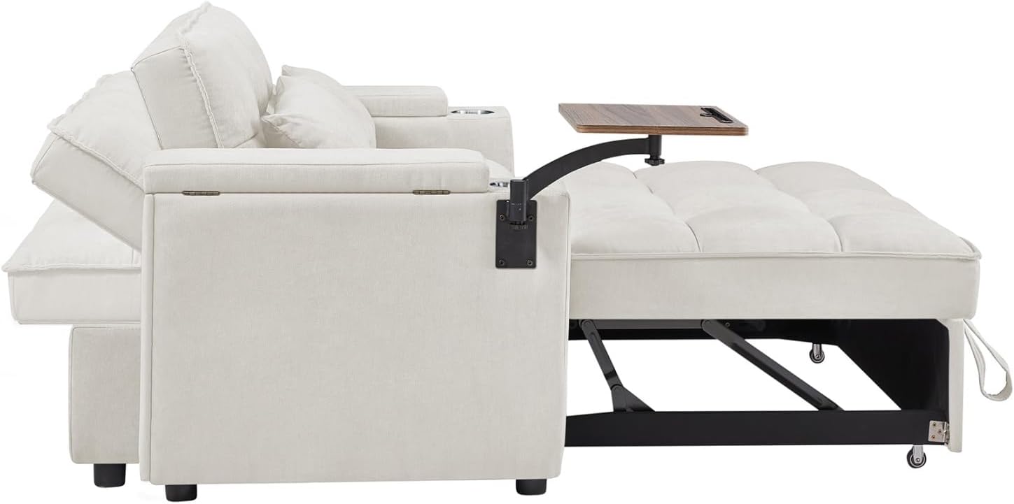 oaaktu 65''Convertible Sleeper Sofa Bed,3-in-1 Pull Out Couch Bed with 360 Degree rotatable Side Table and USB Ports for Living Room,RV (07beige)