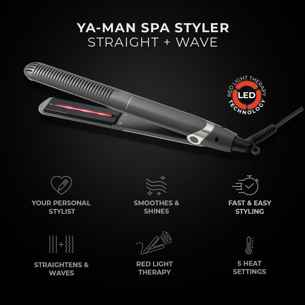 YA-MAN Spa Styler Straight+Wave Flat Iron Hair Straightener and Curler 2in1 - Advanced Japanese Technology, Dual Voltage, Titanium Tourmaline Plates with Red Light Therapy, 5 Settings (Slate Gray)