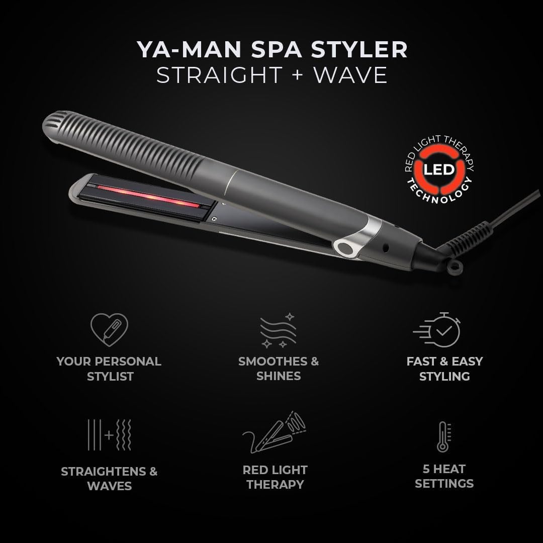 YA-MAN Spa Styler Straight+Wave Flat Iron Hair Straightener and Curler 2in1 - Advanced Japanese Technology, Dual Voltage, Titanium Tourmaline Plates with Red Light Therapy, 5 Settings (Slate Gray)
