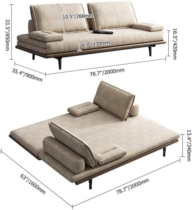 homary Modern Pull Out Sofa Bed - Khaki Convertible Couch, 78.7'' Mid Century Wood with Cotton & Linen