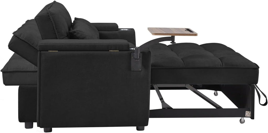 oaaktu ﻿ 65''Convertible Sleeper Sofa Bed,3-in-1 Pull Out Couch Bed with 360 Degree rotatable Side Table and USB Ports for Living Room,RV (07Black)