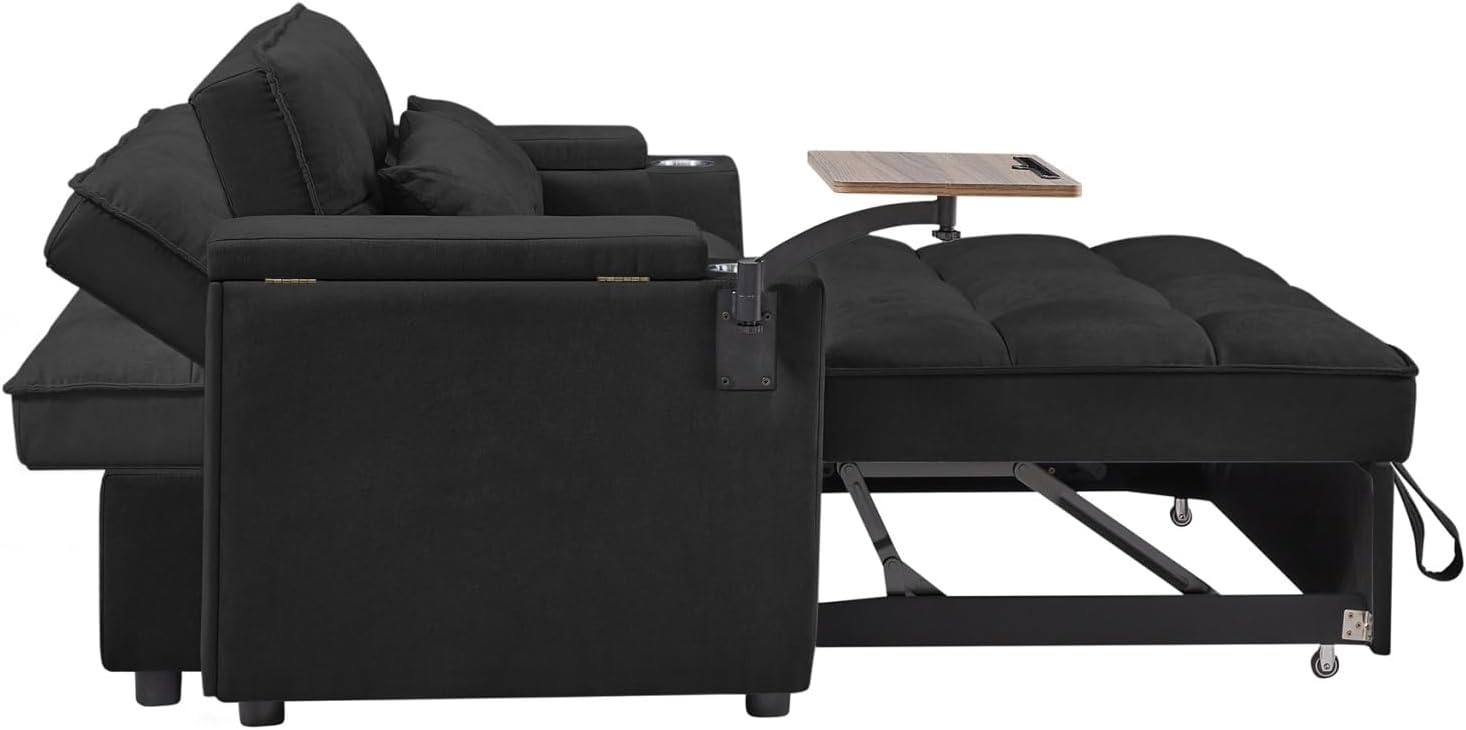 oaaktu ﻿ 65''Convertible Sleeper Sofa Bed,3-in-1 Pull Out Couch Bed with 360 Degree rotatable Side Table and USB Ports for Living Room,RV (07Black)