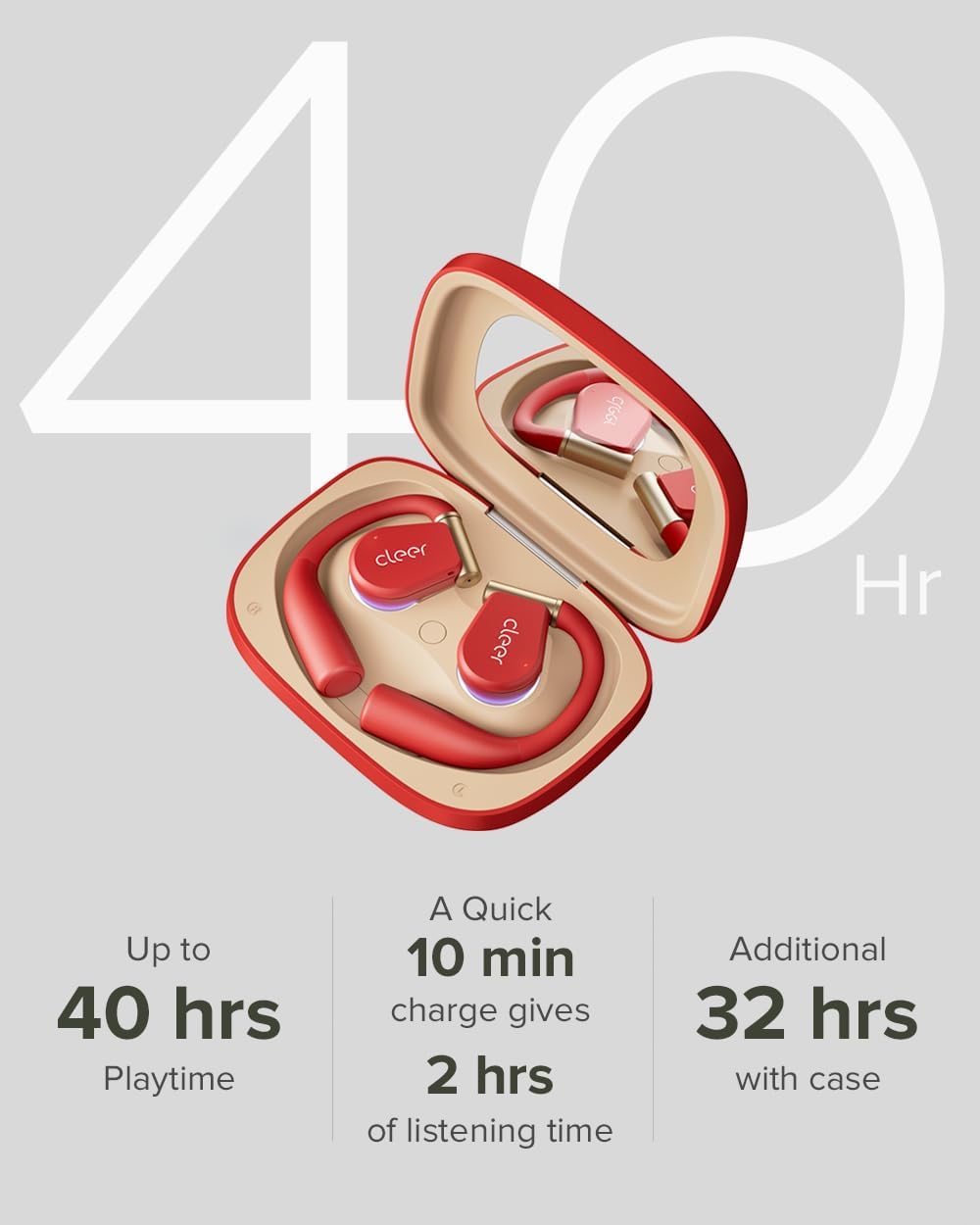 Cleer ARC 3 Sports Pro Open Ear Headphones - Dolby Audio, Snapdragon Sound True Wireless Earbuds,40Hr Battery, Bluetooth 5.4, IPX7,Heart Rate Tracking,Wireless Charging Smart Case, Comfort Fit, Red