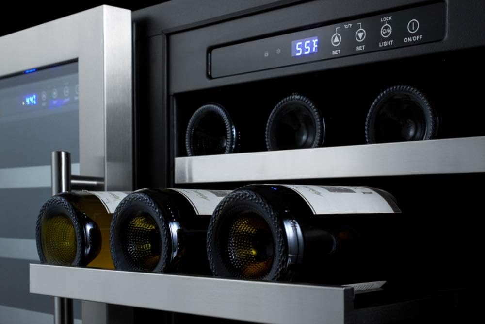 Summit SWC3668 36' Undercounter Dual Zone Wine Cooler with 68 Bottle Capacity LED Lighting Digital Thermostat Factory Installed Locks in Stainless