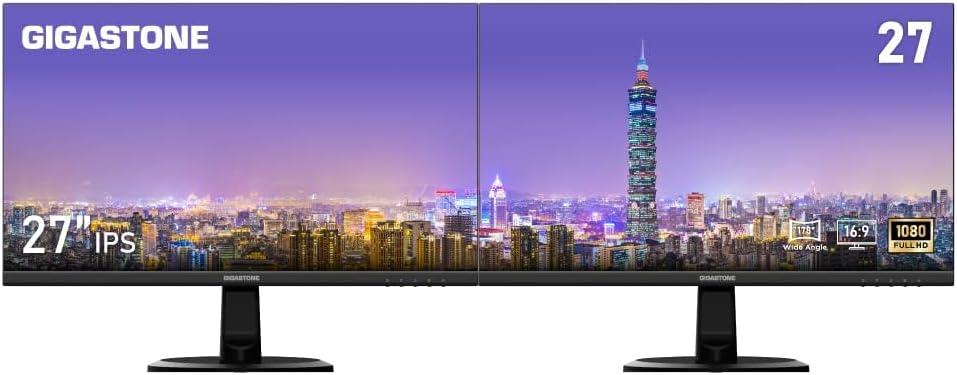 Gigastone 27 inch IPS LED Back Light Monitor 2-Pack 75Hz FHD 1920 x 1080, 178° Wide View Frameless, Dual Monitor, 5ms, Built-in Speakers, Eye Care Technology, Ergonomic Tilt VESA Mount, HDMI VGA