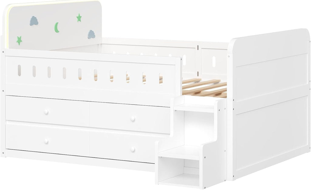 Harper & Bright Designs Kids Full Bed Frame with Drawers and LED Headboard,Wood Montessori Floor Platform Bed with 2-Steps Stairs and Safety Guardrails for Boys Girls,Space Saving,White
