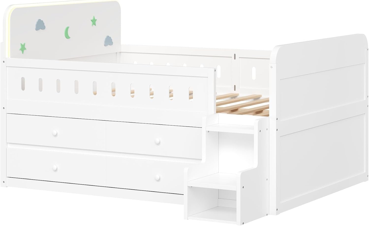 Harper & Bright Designs Kids Full Bed Frame with Drawers and LED Headboard,Wood Montessori Floor Platform Bed with 2-Steps Stairs and Safety Guardrails for Boys Girls,Space Saving,White