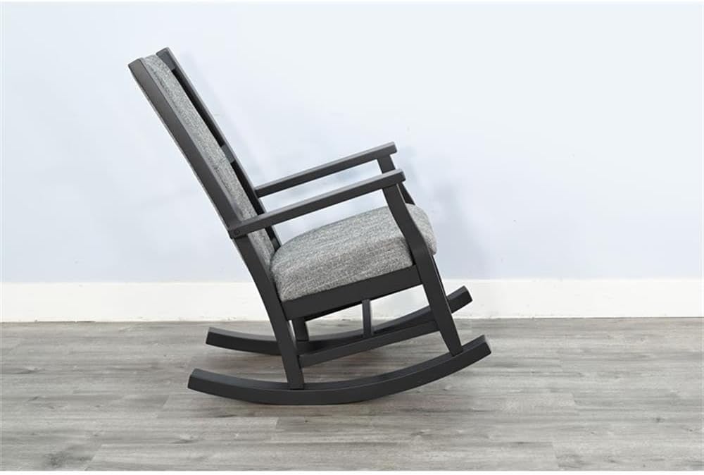 Pemberly Row Wood Farmhouse Rocker, Black Finish, Gray Upholstered Cushions, Ladder Back Design, Sturdy Durable Frame, Comfortable Modern Rocking Chair for Living Room or Nursery Lounge Use