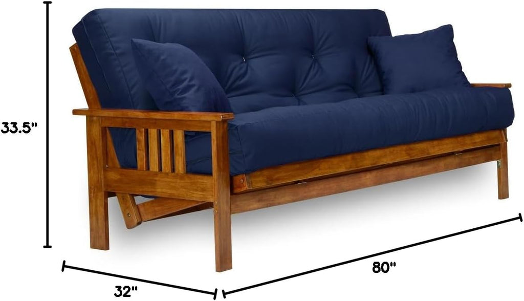 Nirvana Futons Stanford Futon Set - Full Size Futon Frame with Mattress Included (8 Inch Thick Mattress, Twill Navy Blue Color), Heavy Duty Wood, Popular Sofa Bed Choice