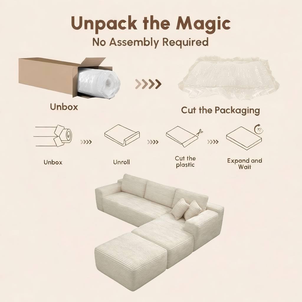Oversized Boneless Couch for Living Room, Corduroy Fabric Cloud Couch, Modular Sectional Sofa, Modern Living Room Furniture with Ottoman, Memory Foam Sofa in a Box No Assembly