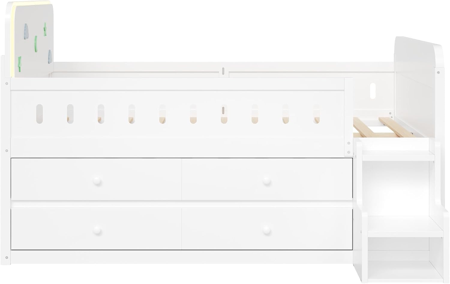 Harper & Bright Designs Kids Full Bed Frame with Drawers and LED Headboard,Wood Montessori Floor Platform Bed with 2-Steps Stairs and Safety Guardrails for Boys Girls,Space Saving,White