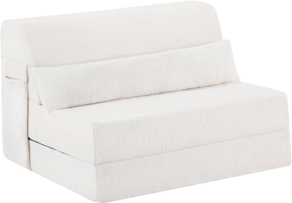 Tiita Convertible Folding Sofa Bed Twin Size for Adults with Pillow, Plush Fabric Floor Mattress Couch Bed, Washable Cover & Side Pocket, Guest Room, Dorm, Apartment, Living Room, Beige