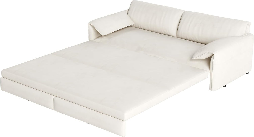 66' Sleeper Sofa Bed Queen Size, 3-in-1 Convertible Couch, Modern Pull Out Couches, Comfy Velvet Futon Sofa, Cloud Loveseat Lounge, Pillow Arm, for Small Spaces, Living Room, Apartment, Beige