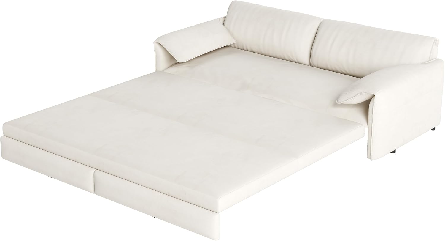 66' Sleeper Sofa Bed Queen Size, 3-in-1 Convertible Couch, Modern Pull Out Couches, Comfy Velvet Futon Sofa, Cloud Loveseat Lounge, Pillow Arm, for Small Spaces, Living Room, Apartment, Beige