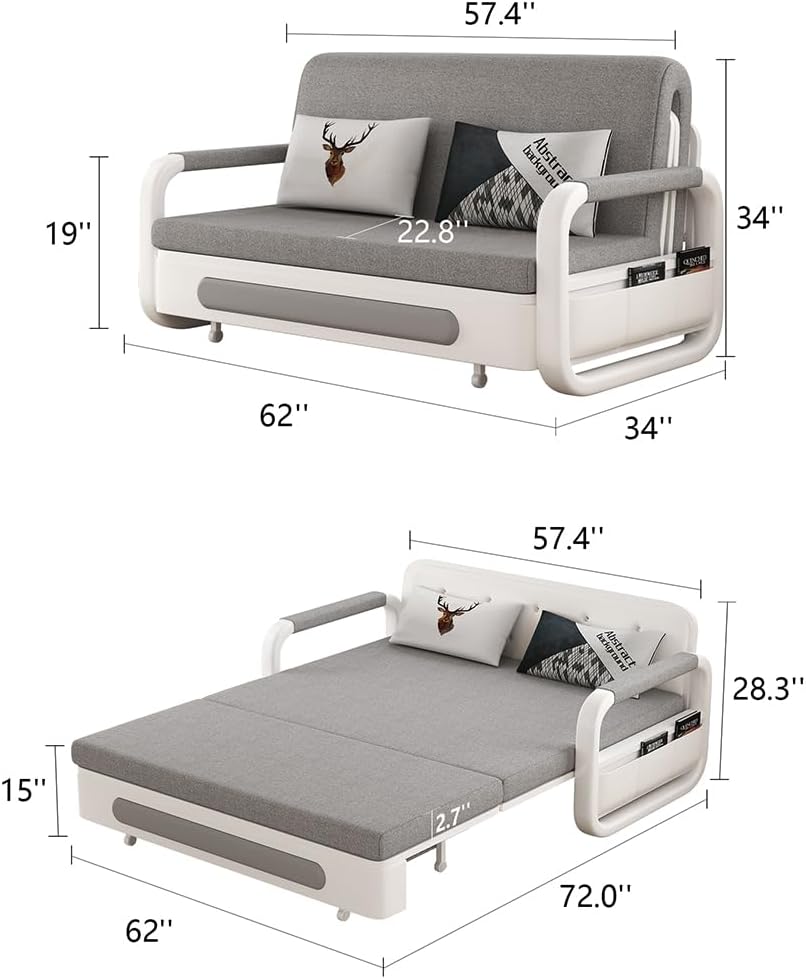 62' Versatile Pull-Out Sofa Bed – Modern Versatile Futon Sleeper Couch, Daybed with Trundle, Perfect for Living Room & RV, Gray/White