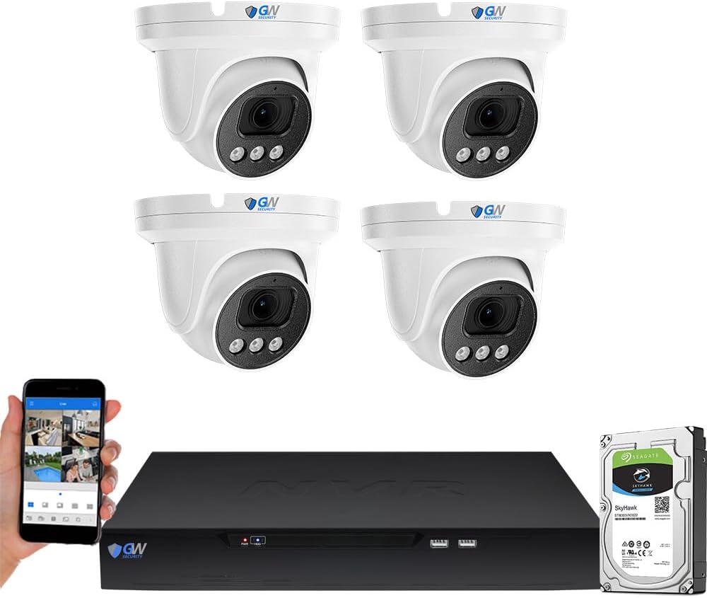GW Security 8 Channel NVR UltraHD 4K Face Recognition NDAA & TAA Compliant Security Camera System with 4 x 8MP @25FPS Outdoor & Indoor PoE Turret Cameras, 10 Smart AI Functions