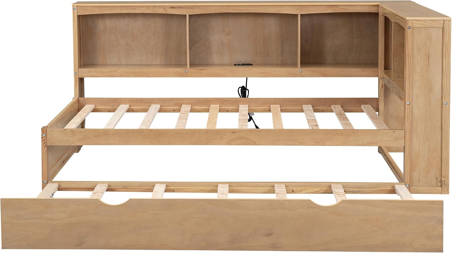 Harper & Bright Designs Twin Size Daybed with Trundle, Storage Bookcases, and USB Ports,Wood Twin Platform Bed with Headboard, Twin Size Sofa Bed Frame for Bedroom Living Room (Wood Color)