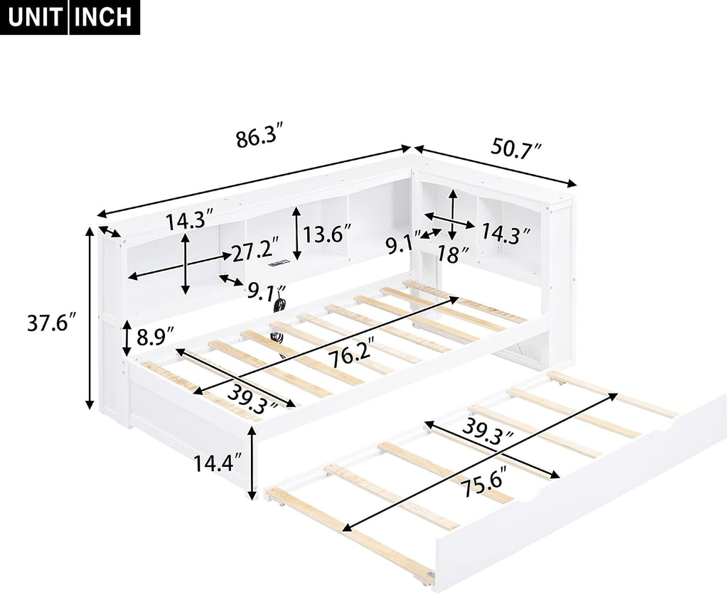Harper & Bright Designs Wood Twin Size Daybed with Trundle, Storage Bookcases, and USB Ports, Twin Platform Bed with Headboard, Twin Size Sofa Bed Frame for Bedroom Living Room (White)