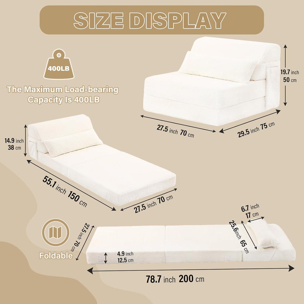 Tiita Convertible Folding Sofa Bed Single Size for Adults with Pillow, Plush Fabric Floor Mattress Couch Bed, Washable Cover & Side Pocket, Guest Room, Dorm, Apartment, Living Room, Beige