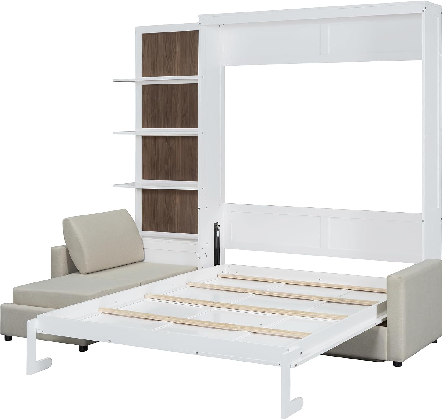 Harper & Bright Designs Queen Size Murphy Bed, Wood Queen Wall Bed with Sofa and Shelves, White