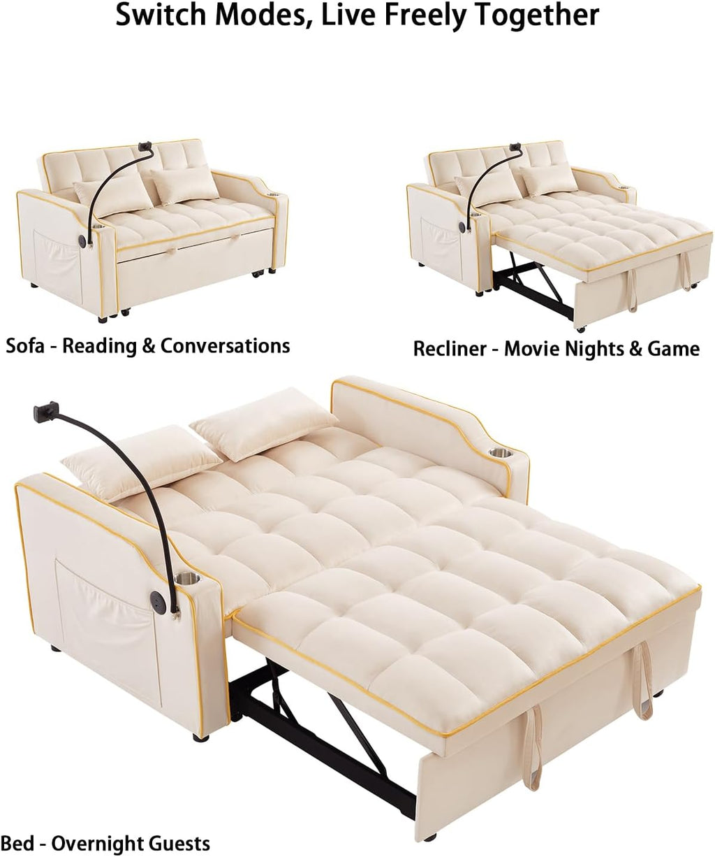 Convertible Sofa Bed, 3 in 1 Futon Sofa Bed with USB Charging Ports, Cup Holder, Phone Stand & Pocket, Modern Upholstered Sleeper Sofa for Living Room, Apartment or Small Space (Beige-L)