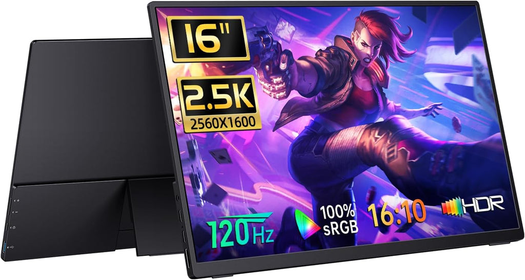 Portable Monitor Gaming 2.5K 120Hz, 16' 2560x1600 QHD 16:10 400 Nits HDR FreeSync Portable Monitor w/Speaker Sleeve Case, External Screen for PC Laptop Game Console