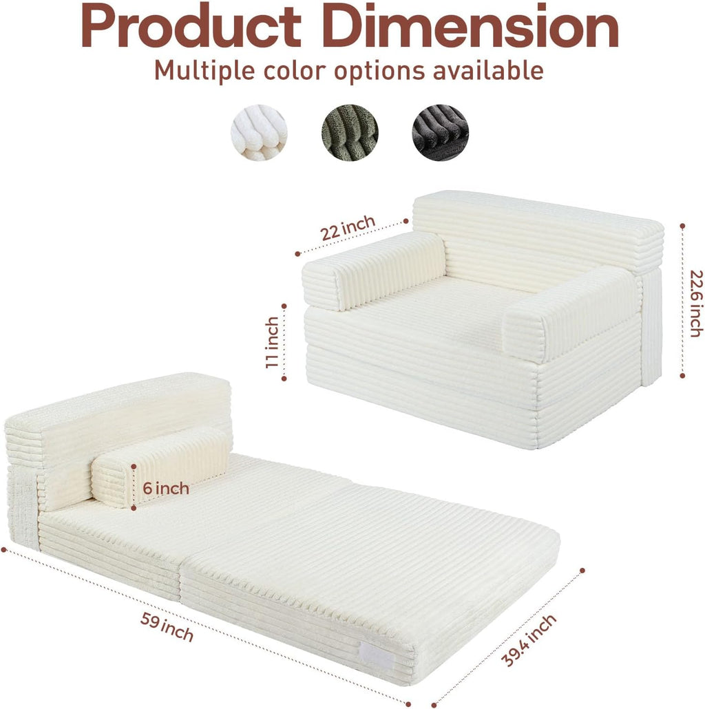 YEPDIN Folding Sofa Bed,Convertible Sofa Bed with Armrest Foldable Sleeper Chair, Portable Folding 4-in-1 Floor Sofa with Convertible Lounge Chair for Living Room,Bedroom,Washable Cover,White Single