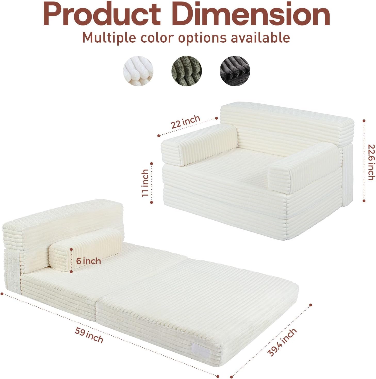 YEPDIN Folding Sofa Bed,Convertible Sofa Bed with Armrest Foldable Sleeper Chair, Portable Folding 4-in-1 Floor Sofa with Convertible Lounge Chair for Living Room,Bedroom,Washable Cover,White Single