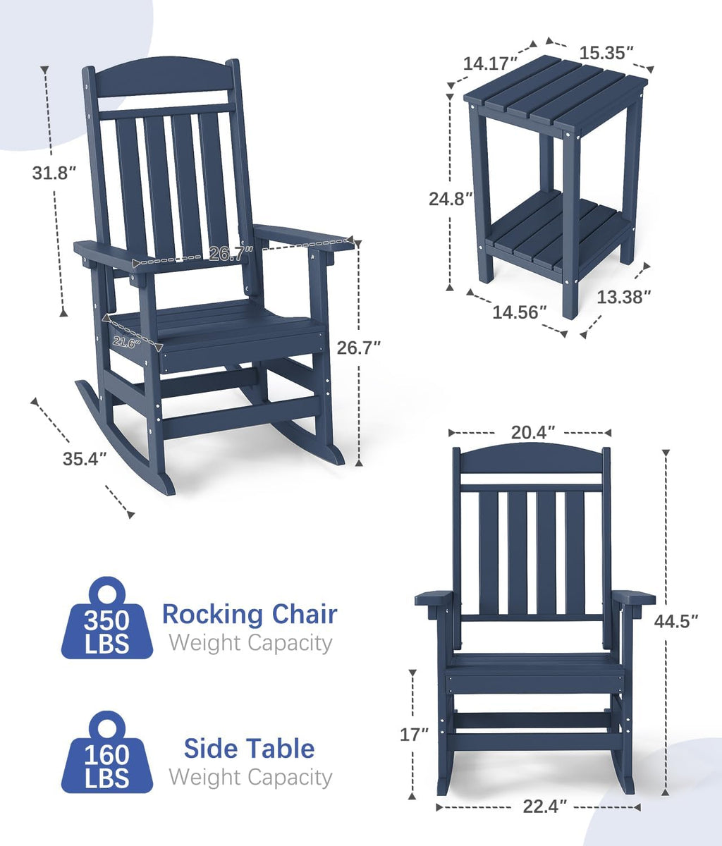 FOOWIN 3-Piece Outdoor Rocking Chairs Set, High Back Patio Rocker with Side Table, HDPE All Weather Resistant Oversized Rocking Chairs for Indoors, Porch, Patio, Backyard, Navy Blue