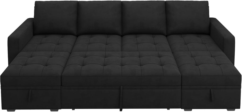 HONBAY Modular Sectional Sleeper Sofa with Pull Out Bed, Velvet Convertible L Shaped Couch with Storage Seat, Sectional Couches for Living Room, Black