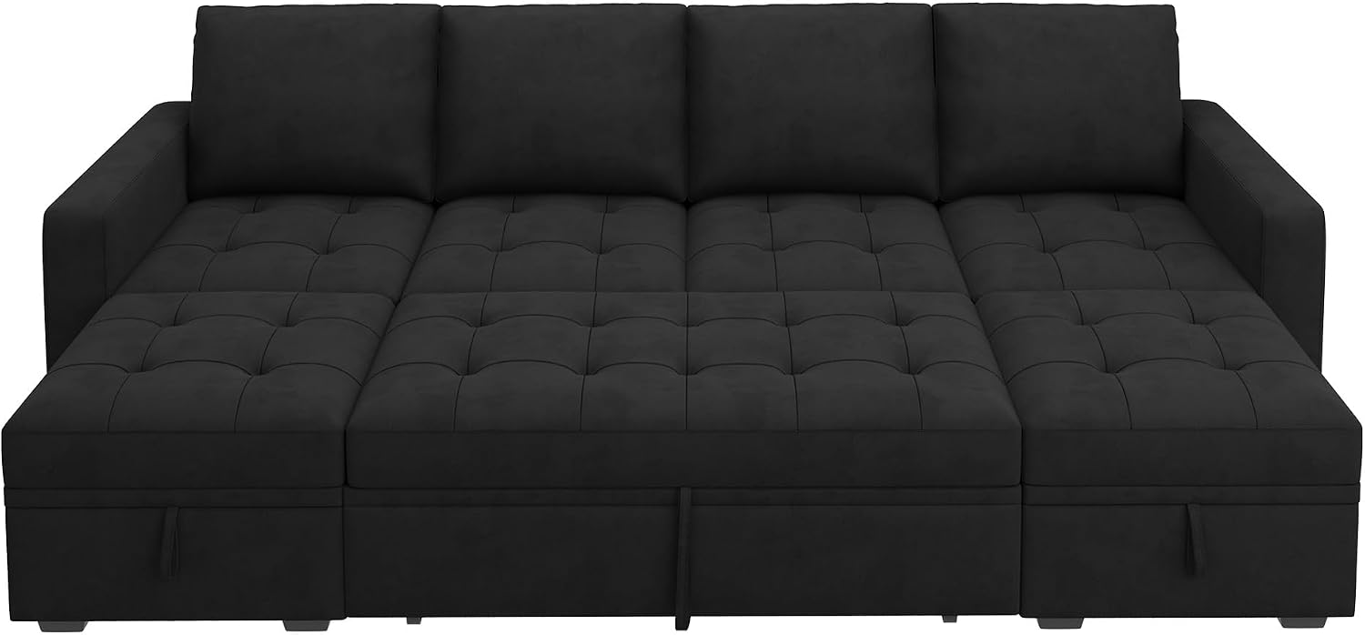 HONBAY Modular Sectional Sleeper Sofa with Pull Out Bed, Velvet Convertible L Shaped Couch with Storage Seat, Sectional Couches for Living Room, Black