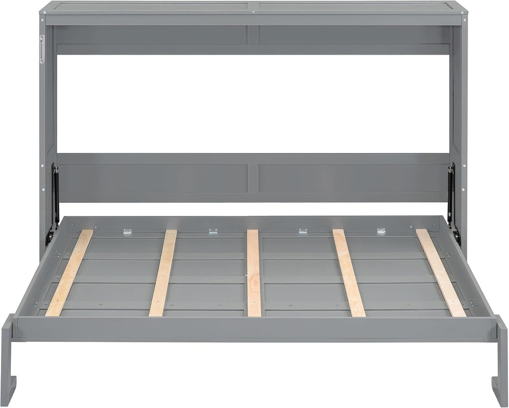 Merax Modern Farmhouse Solid Wood Murphy Bed Chest, Wall Bed with Wood Slat Support/No Box Spring Needed/Space Saving/Queen,Gray