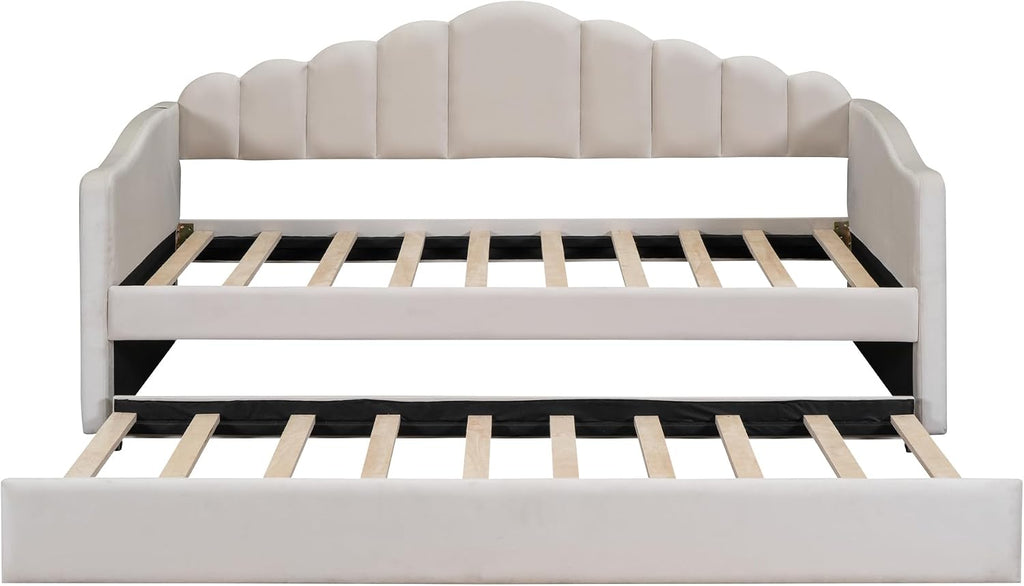 Bellemave Twin Size daybed with Trundle for Adults, Kids, Girls, Teens, daybeds with Trundle for Living Room, Velvet, Beige(Mattress not Included)